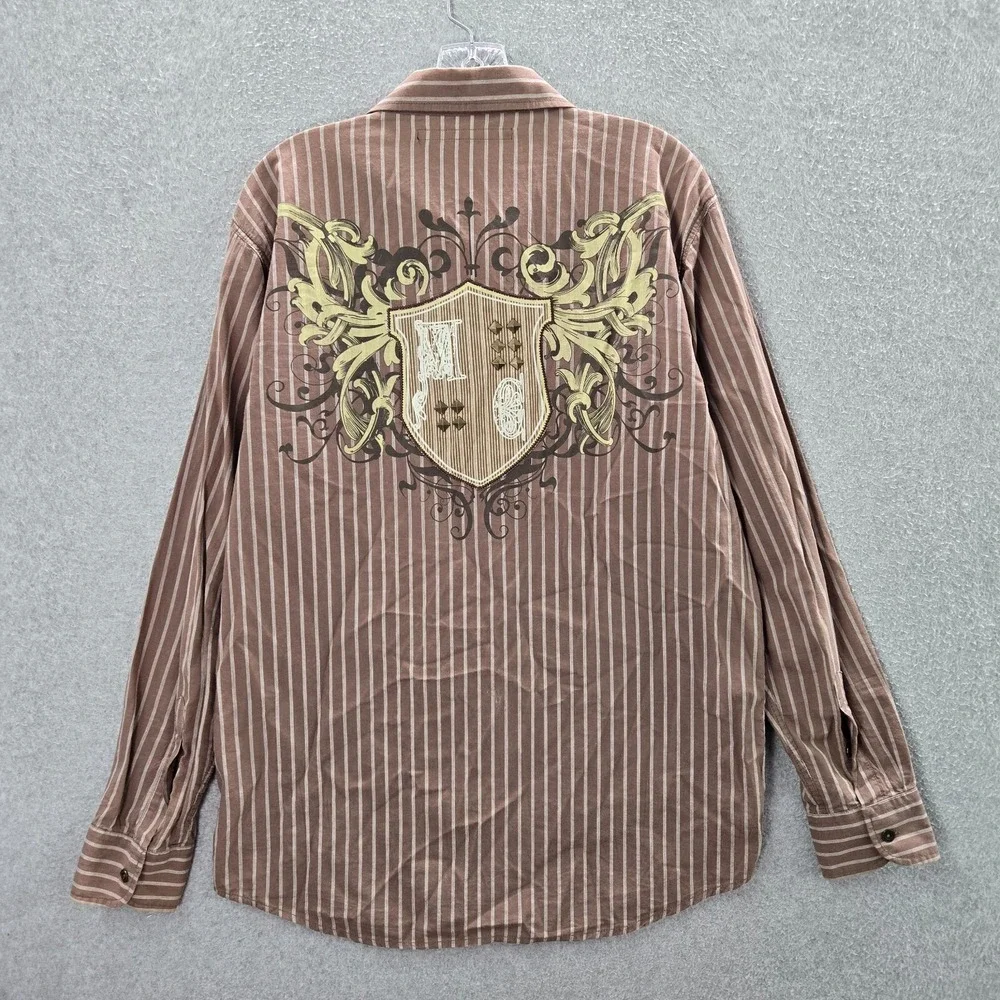 Carbon Black Men‎ Button Up Shirt Large Brown Striped Y2K Grunge Crest Studded